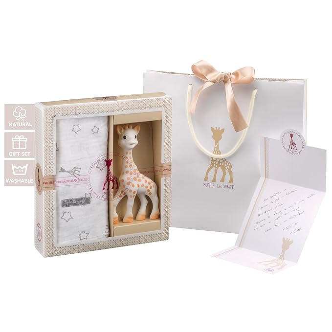 Sophie la girafe Tenderness Creation Birth Set #2 | Handcrafted for 60 Years in France | Gift Set Includes Gift Bag, Card, Sophie la girafe & 100% Cotton Swaddle