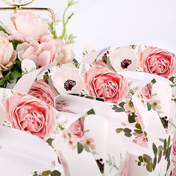 SOSFKIM Treat Boxes - 24 Pack Floral Design Embossed Gold Foil Cardboard Boxes - Party Favor Boxes Gable Boxes Perfect For Wedding, Birthday, Christmas, Celebrating 6.3x3.5x3.5 Inch