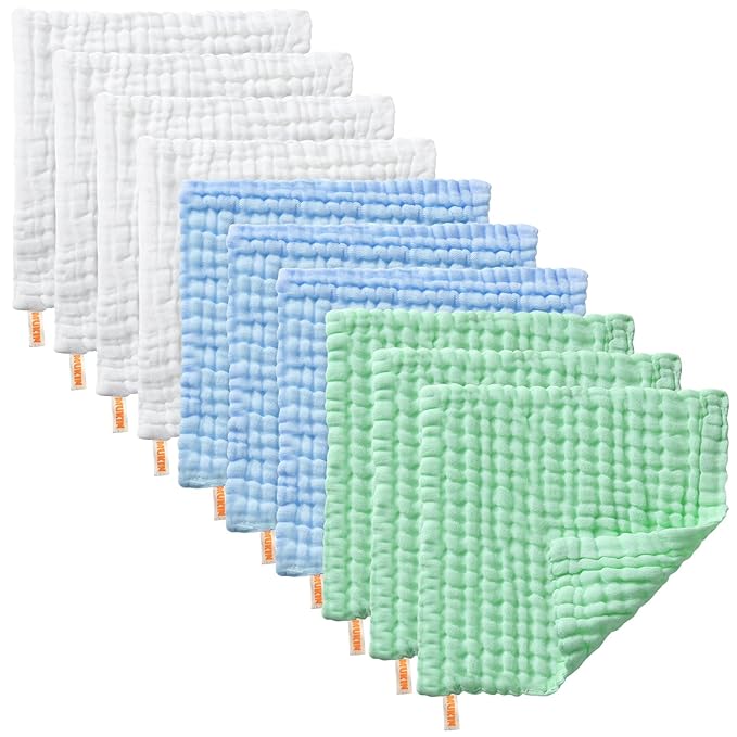 MUKIN Muslin Washcloths - Soft Face Cloths for Newborn, Absorbent Bath Face Towels, Wipes, Burp Cloths, Baby Registry as Shower. Pack of 10 (Green,Blue,White)