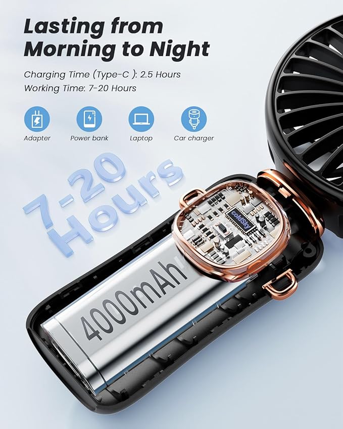 coldSky Portable Handheld Fan, 4000mAh Battery Operated 3 in 1 Multifunction Personal Travel Fans with Digital Display, 90° Foldable Desk Fan with Base, 5 Speed Lash Fan for Makeup/Office (Black)