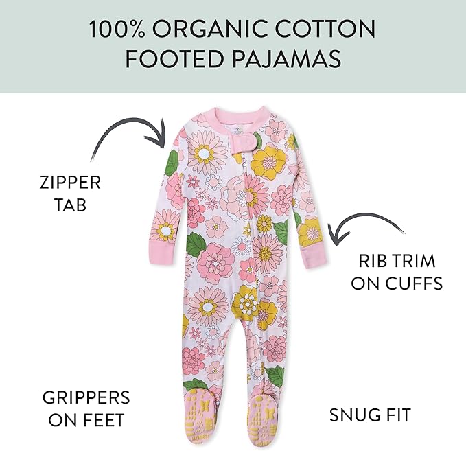 HonestBaby Non-Slip Footed Pajamas One-Piece Sleeper Zip-Front Pjs 100% Organic Cotton for Baby Girls