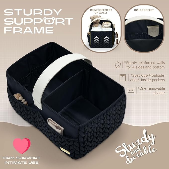 Luxurious Baby Diaper Caddy, Nursery Storage Basket for Newborn Essentials, Travel Baby Basket for Diapers Baby Wipes, Organizer Tote Bag Storage Bin, Baby Shower Gifts(black)