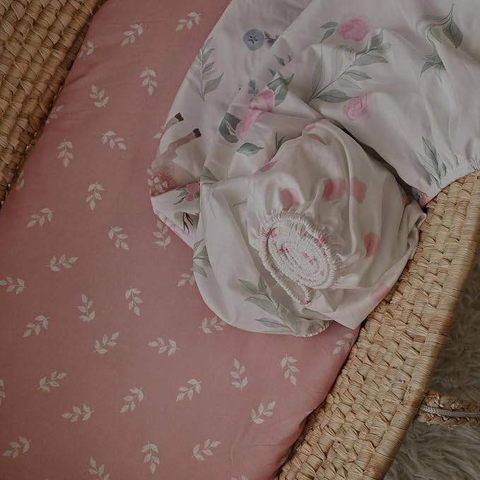 Gllquen Baby Bassinet Sheets 4 Pack, Breathable Cozy Fitted Mattress Sheet, Elastic Travel Crib Fashionable Floral Pattern, Standard Cradle Safe Sheets for Baby Boys Girls 32"x16"(Deer & Rose)