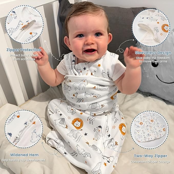 ZIGJOY Sleep Sack Swaddle 1.0 Tog Baby Wearable Blanket 100% Cotton Baby Swaddle Blanket for Newborns 6-12 Months Grey&Line Animal
