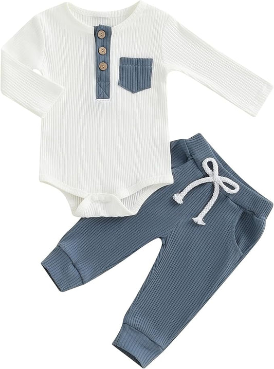 fhutpw Baby Boy Clothes 3 6 12 18 Months Ribbed Knitted Long Sleeve Romper and Pants Sets Newborn Fall Splicing Color Outfits