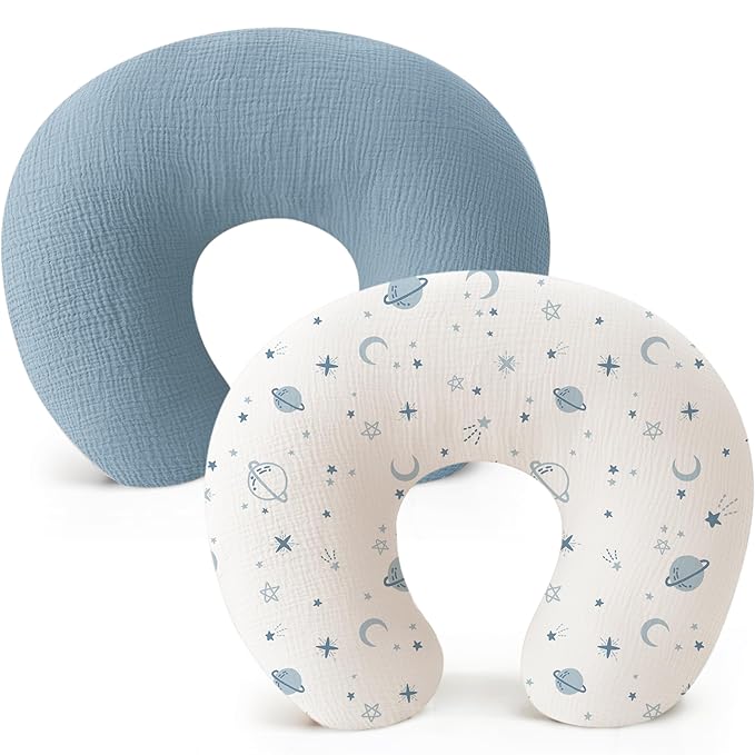 Konssy 2-Pack Muslin Nursing Pillow Covers, Soft & Adorable Nursing Covers for Breastfeeding Pillows, Slipcovers for Newborn Boys & Girls(Blue, Star)