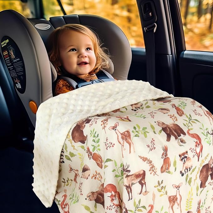 LifeTree Baby Blankets for Boys Girls, Soft Double Layer Swaddle Blankets, Muslin Front and Dotted Fleece Backing Receiving Bed Throw Blanket for Newborn Unisex, 31X40 Inches, Woodland