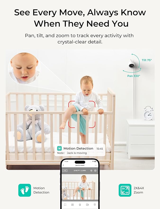 Dr.Care VistaView Lite Smart WiFi Baby Monitor - 4” 720P Split Screen & 1080P Camera App Control, Motion Alerts, HD Night Vision, 3000mAh Battery, 2-Way Talk, Multi-User, Triple Security, 1000ft Range