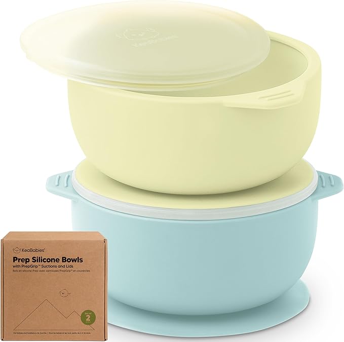 KeaBabies 2-Pack Baby Bowls with Suctions, Lids - Silicone Toddler Suction Bowls for Baby Boy, Girl, Kids, Food Grade Silicone, BPA-Free, Dishwasher Safe, Toddler Eating Essentials (Pastel Sky)