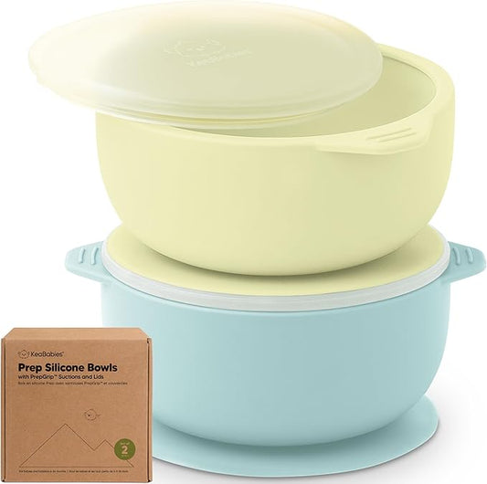 KeaBabies 2-Pack Baby Bowls with Suctions, Lids - Silicone Toddler Suction Bowls for Baby Boy, Girl, Kids, Food Grade Silicone, BPA-Free, Dishwasher Safe, Toddler Eating Essentials (Pastel Sky)