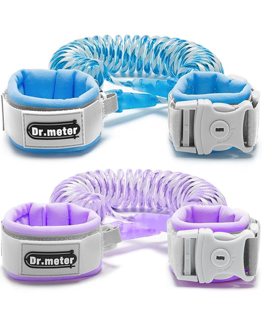 Dr.meter Anti Lost Wrist Link, 2 Pack Toddler Safety Leash with Key Lock, Reflective Child Walking Harness - Dual 8.2ft Length Blue & Purple Kids Leash for Store Mall Airport Theme Park Trip