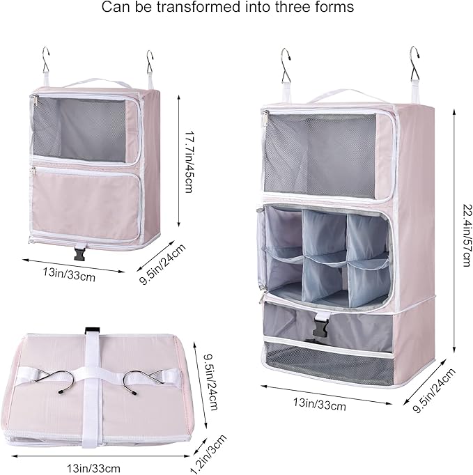 TABITORA Travel Portable Hanging Shelves Closet Organizer Packing Luggage Storage with Multifunctional and Foldable Invisible Compartment,Lightweight, for Suitcase, RV,Closet…Pink,XL