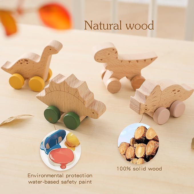 Wooden Dinosaur Cars Montessori Toys for Babies Baby Push Car Toys Wooden Toy Vehicles Development and Infant Grasping Montessori Toys(3PCS)