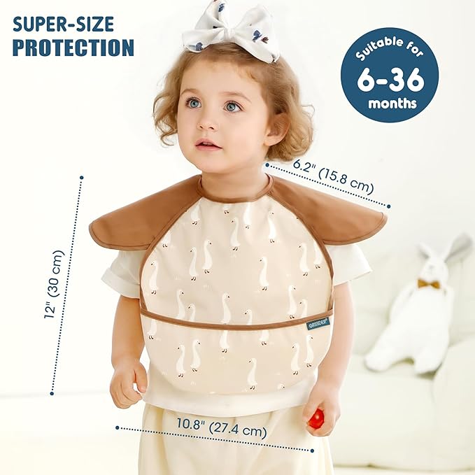 GRSSDER 3-pack Mess Proof Baby Feeding Bibs with Food Catcher Pocket, Soft Lightweight Waterproof Fabric Material with Zero Plastic-like Feel, Adjustable and Easy Clean Toddler Bibs for 6-36 Months