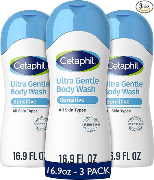 Cetaphil Ultra Gentle Refreshing Body Wash, For Dry to Normal, Sensitive Skin, 16.9oz Pack of 3, Aloe Vera, Calendula, Vitamin B5, Hypoallergenic, Paraben Free, Fragrance Free, Dermatologist Tested
