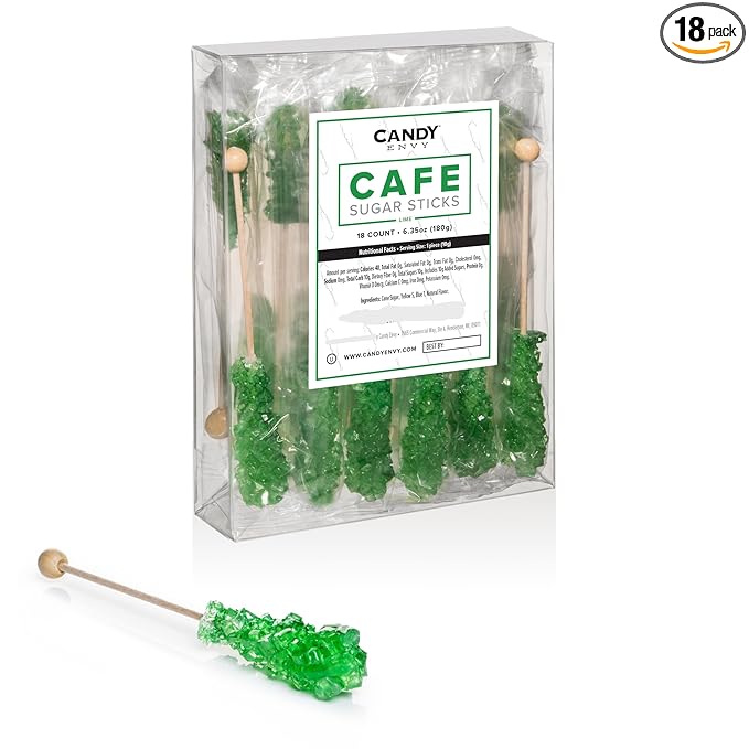 Candy Envy - Green Café Sugar Sticks Mini Rock Candy - 18 Individually Wrapped Treats - Lime Flavored