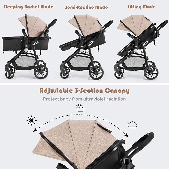 BABY JOY Baby Stroller, 2 in 1 Convertible Carriage Bassinet to Stroller, Pushchair with Foot Cover, Cup Holder, Large Storage Space, Wheels Suspension, 5-Point Harness (Light Coffee)