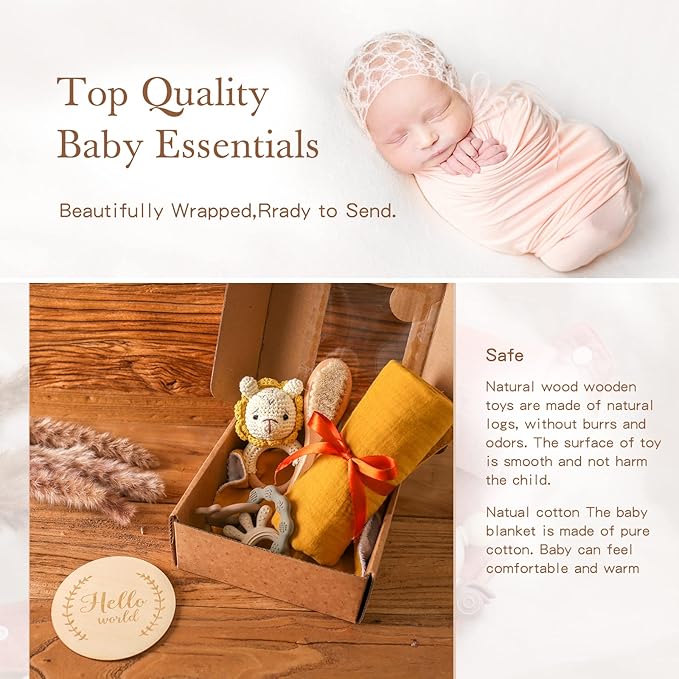 Baby Boy Gift Set New Born Shower Gifts, Baby Essentials Basket Stuffers Baby Bath Set with Muslin Baby Blanket, Teething Toys, Drool Towel, Wood Brush & Rattle, Newborn Welcome Baby Gift Box Set