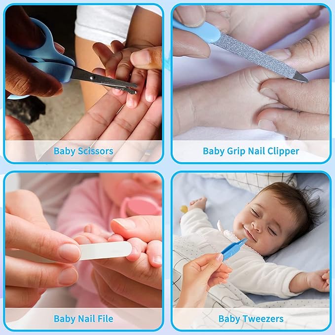 Baby Healthcare and Grooming Kit, 14 in 1 Baby Safety Set Newborn Nursery Health Care Set with Hair Brush Scale Nail Clippers for Baby Girls Boys (Blue 14 in 1)