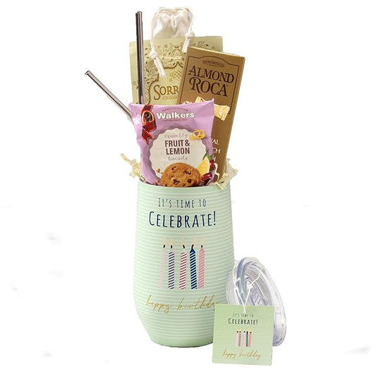 Broadway Basketeers Happy Birthday Chocolate and Sweets Gift Mug Large 16oz. Insulated Gift Mug Includes 3 Piece Set of Metal Straws Birthday gift for Mom Dad Friends