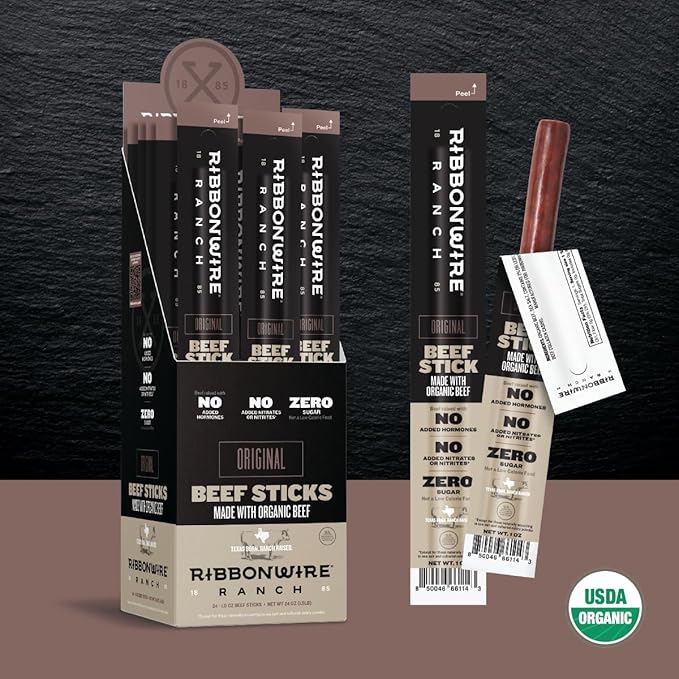 Ribbonwire Ranch Beef Sticks, Made with Organic Beef, Pasture Raised, High Protein Snack, Healthy, Low Carb, Keto Friendly, Gluten Free, Nitrate Free, On the Go, 1 Oz Sticks, Original Flavor, 24 Pack