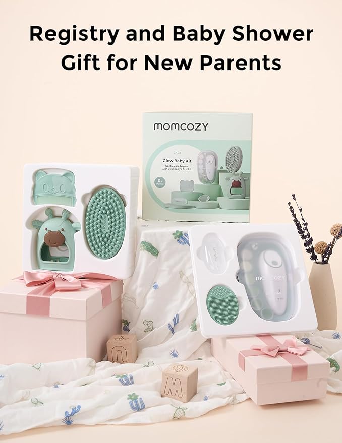 Momcozy Glow Baby Kit, Baby Shower & Registry Essential Kit for Grooming & Cleansing Care, Includes Electric Nail File, Teether, Bath Brush, Cradle Cap Brush,Comb, Finger Toothbrush,Newborn Must-Have