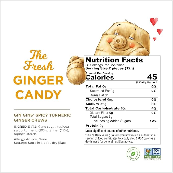 GIN GINS Spicy Turmeric Ginger Chews – Natural Fresh Ginger Candy by The Ginger People – Individually Wrapped Healthy Candy – Turmeric Flavor – Large 1 lb Bag (16oz) – Pack of 2