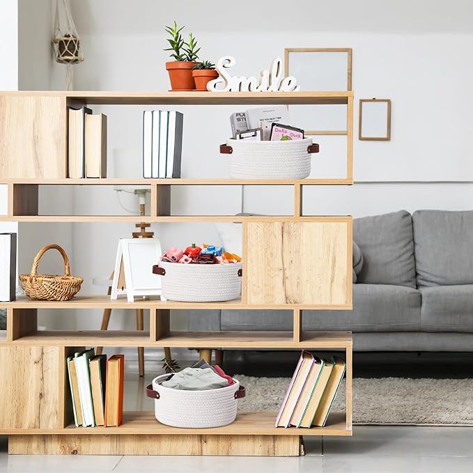3 Pack Small Woven Basket for Gifts with Handles Clear Bags and Ribbons Empty Storage Basket Decorative Chest Box for Birthday Present Baby Shower Wedding(White,12"x 8"x 5")