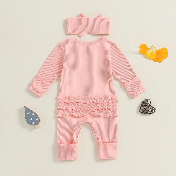Newborn Girl Clothes Baby Girl Coming Home Outfit Zipper One-piece Outfits Ruffle Footie Bodysuit Jumpsuit Headband