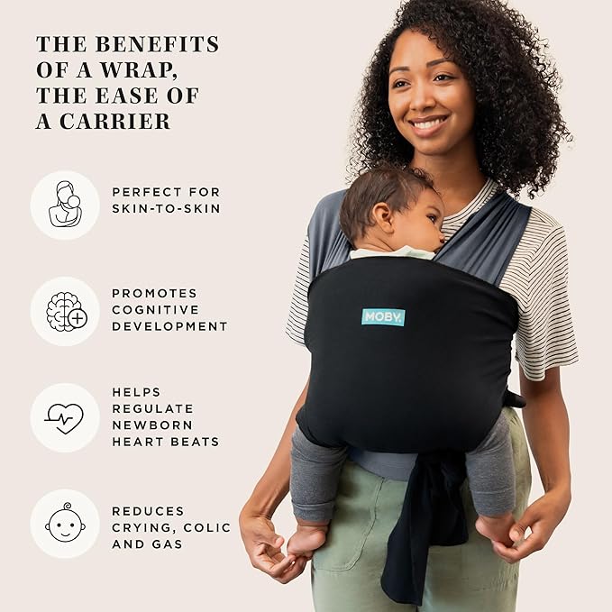 Moby Baby Wrap Carrier Easy-Wrap for Newborns to Toddlers (8-33lbs), Infant Sling Carrier, Lightweight & Hands Free Design for Mom and Dad, Adjustable for All Body Types (Charcoal/Black)