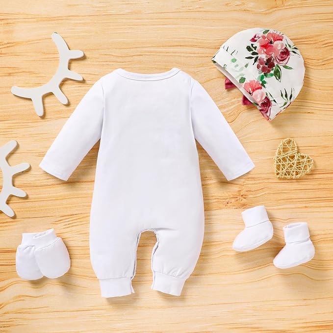 Sinhoon Newborn Baby Girl Romper Infant Letter Print Bodysuit Jumpsuit+Hat+Gloves+Socks 4Pcs Coming Home Clothes Outfit