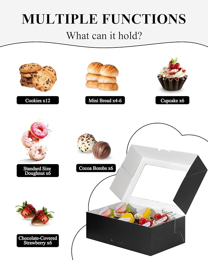 COTOPHER 30Pcs Cookie Boxes with Ribbons, 9x6x3 Inch Bakery Boxes with Window, Black Treat Containers for Pastries, Chocolate Covered Strawberries, Dessert, Easter Candy, Muffins, Donuts
