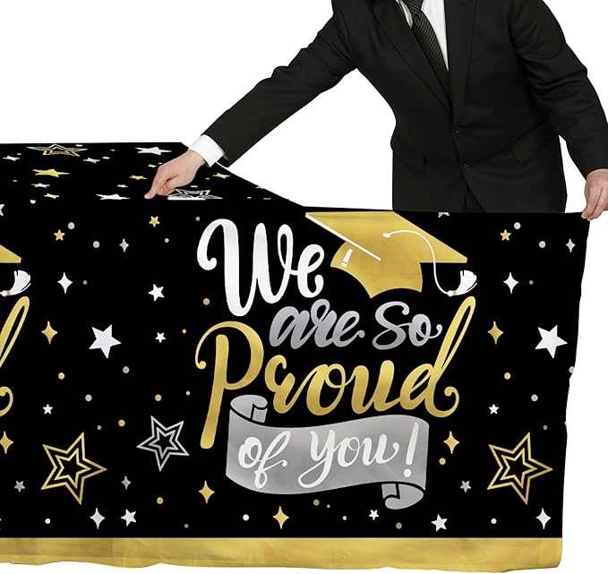 Gatherfun Graduation Decorations 2025-2 Pcs Black and Gold Gongrats Grad Tablecover for Graduation Party Decorations，Grad Plastic Table Covers 54"x108"