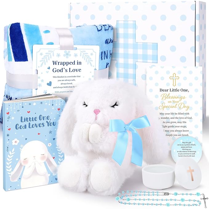Baptism Gifts for Boy, Christening Gift Set for Baby Boys, Baby Dedication Gift, Includes Bunny Stuffed Animal, First Rosary Beads, Prayer Book, Keepsake Blanket, Catholic Baptism Gift Basket