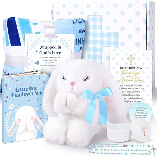 Baptism Gifts for Boy, Christening Gift Set for Baby Boys, Baby Dedication Gift, Includes Bunny Stuffed Animal, First Rosary Beads, Prayer Book, Keepsake Blanket, Catholic Baptism Gift Basket