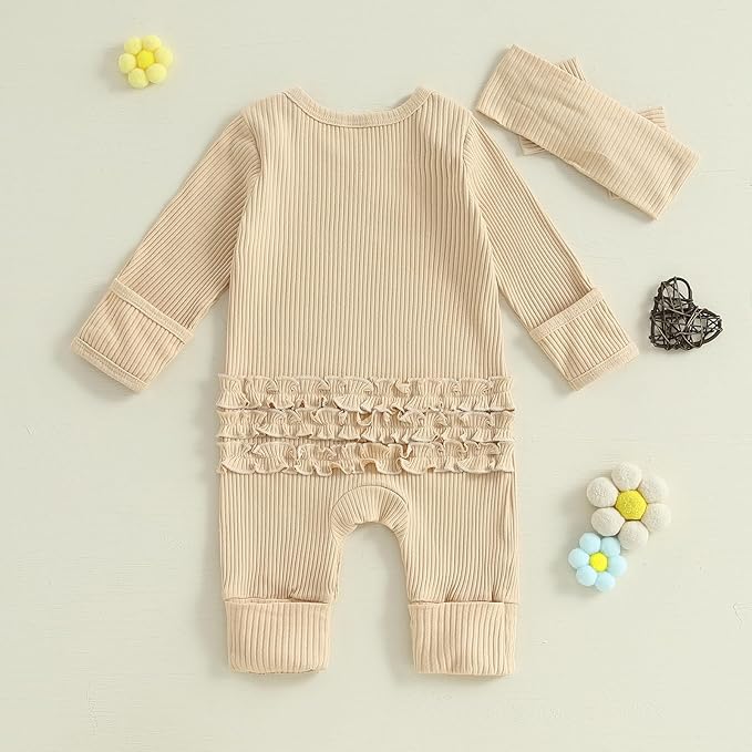 Newborn Girl Clothes Baby Girl Coming Home Outfit Zipper One-piece Outfits Ruffle Footie Bodysuit Jumpsuit Headband