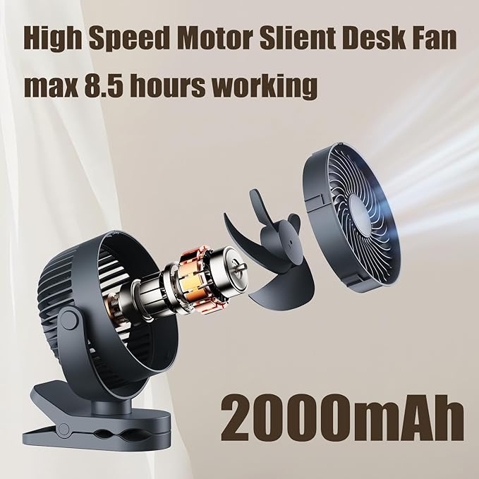 Personal Clip on Fan 2000mAh Battery Operated, Type-C 4 Speed Max 8.5 Hrs 360° adjustment Clip fan, Small Portable Fan for Office, Bedroom, Desk, dormitory, Camping, Stroller, Golf Cart - Dark Blue