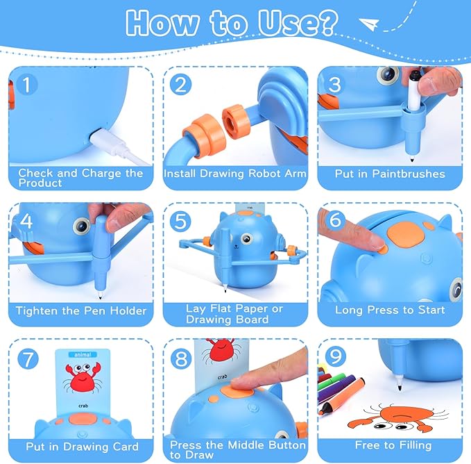 Smart Drawing Robot for Kids with 100 Cards – Voice-Activated Educational Art & Creativity Toy, Montessori Learning Machine for Boys & Girls Ages 3-9 for Toddlers & Children (Blue)