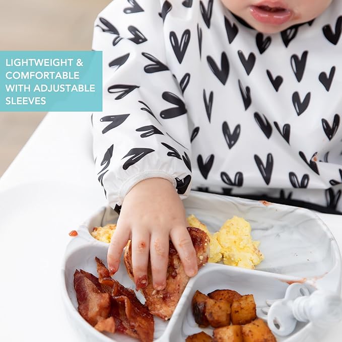 Bumkins Sleeved Bib for Girl or Boy, Baby and Toddler for 6-24 Months, Essential Must Have for Eating, Feeding, Baby Led Weaning Supplies, Long Sleeve Mess Saving Food Catcher, Hearts Black and White