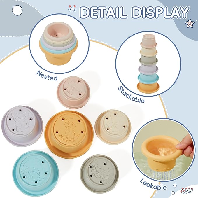 Bath Toys, 21PCS | Montessori Toys for Babies with Shapes for Sorting Play & Stacking Cups | Bath Boats & Spoon with Storage Container | Educational & Mold Free Bathtub Water Toys for Toddler Gifts