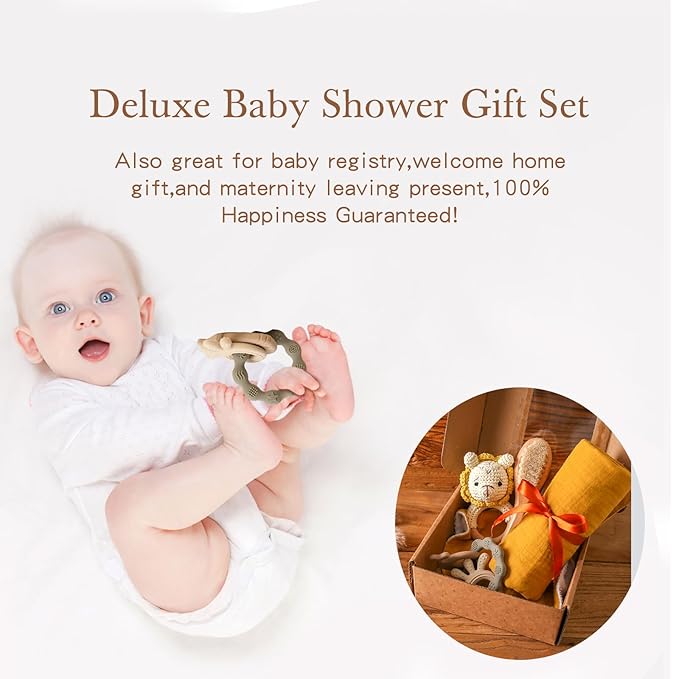 Baby Boy Gift Set New Born Shower Gifts, Baby Essentials Basket Stuffers Baby Bath Set with Muslin Baby Blanket, Teething Toys, Drool Towel, Wood Brush & Rattle, Newborn Welcome Baby Gift Box Set