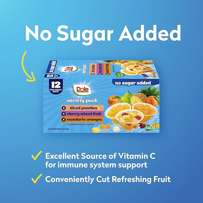 Dole Diced Peaches, Mandarin Oranges, and Cherry Mixed Fruit with No Sugar Added Variety Pack - Dole Fruit Bowls Snacks - 4 oz Bowls - 12 Pack