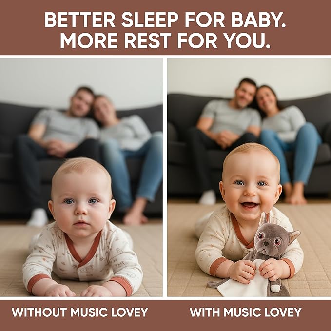 Love By Emi Baby Music Lovey Brown Bulldog, Baby Sleep Soother for Crib & Cuddle Bedtime, White Noise with Heartbeat & Lullaby, Plush Sound Machine Toy, Stuffed Animal for Newborns, Infants & Toddlers