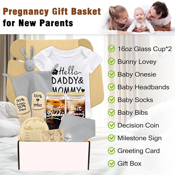 New Mom Gifts Basket for Women,Pregnancy Gifts for New Parents Gifts Basket,Unique Gender Reveal Gifts,New Mom and Dad Gifts with Glass Cups,First Time Mom Gifts,Baby Gifts