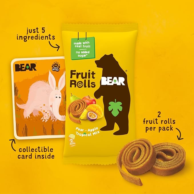 BEAR Real Fruit Snack Rolls - Gluten Free, Vegan, and Non-GMO - Tropical – Healthy School And Lunch Snacks For Kids And Adults, 0.7 Ounce (Pack of 18)