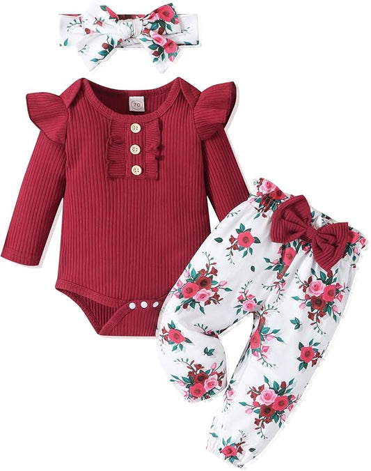 GDTOGRT Baby Girl Clothes Newborn Infant Outfits Ruffle Romper+ Floral Pants + Cute Headband Sets for Girls
