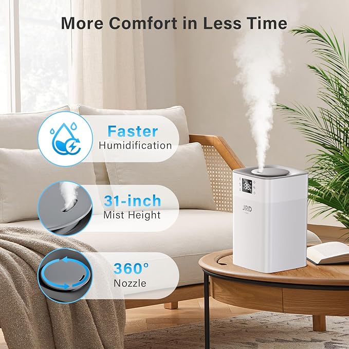 JRD 4L Humidifiers for Bedroom, Cool Mist Humidifier for Large Room, 40H Runtime, 24H Timer, 10 Mist Levels, 360° Nozzle, Night Light for Home, Office, Baby Nursery, Plants（Grey）