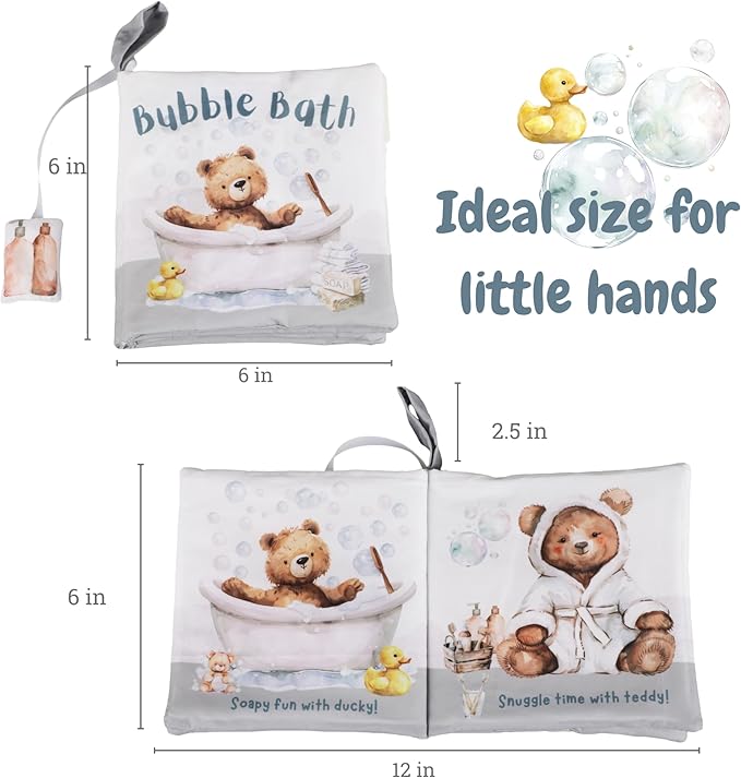 Ali+Oli Baby Cloth Book – Soft Sensory Crinkle Book with Teether for Infants 0-12 Months – Early Learning Touch & Feel Tummy Time Toy – Newborn Shower Gift for Boys & Girls - Bubble Bath