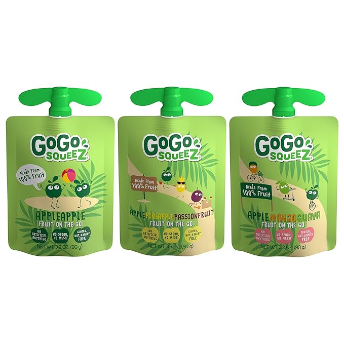 GoGo squeeZ Applesauce and Fruit Puree Variety Pack, Apple, Mango Guava & Pineapple Passionfruit, 3.2 oz (Pack of 20), Unsweetened Fruit Snacks for Kids, No Gluten, Nut & Dairy, BPA Free Pouches