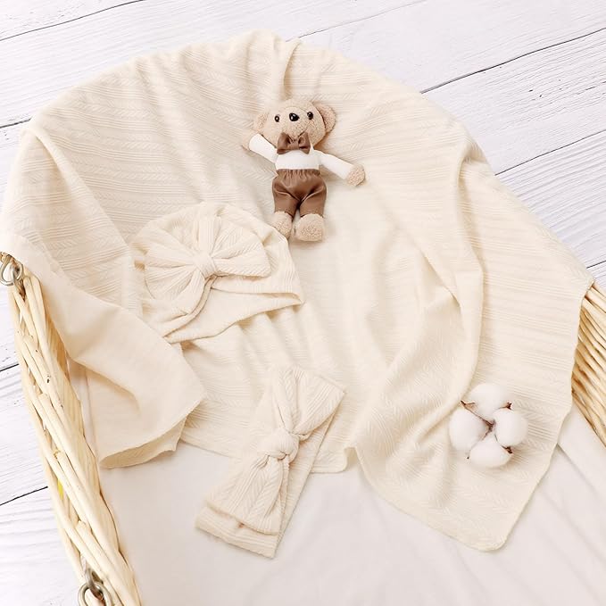 Newborn Receiving Blanket with Bow Hat Headband Wooden Card Set Wheat-Pattern Newborns Toddler Baby Boy Girl Nursery Swaddle Wrap